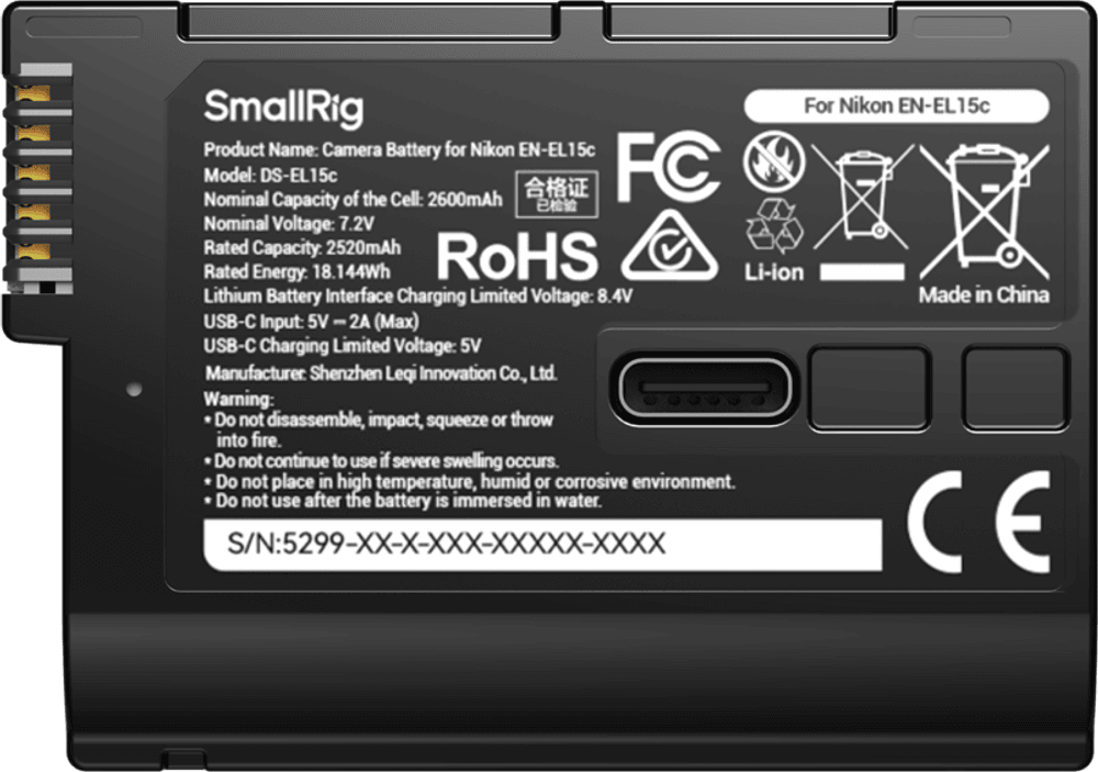 SmallRig 5299 USB-C Camera Battery with Power Display for Nikon EN-EL15c